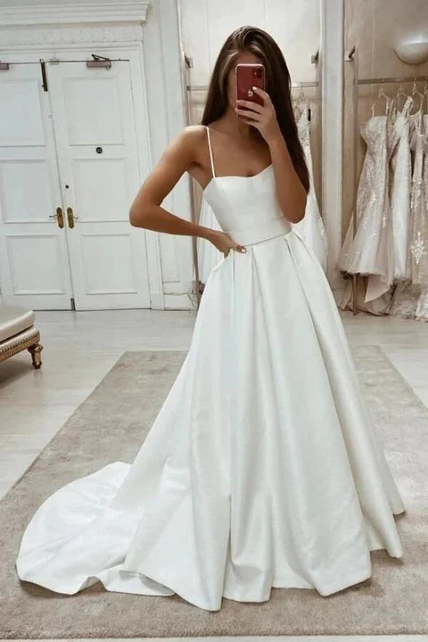 Ivory Spaghetti Straps Simple Wedding Dress With Sweep Train